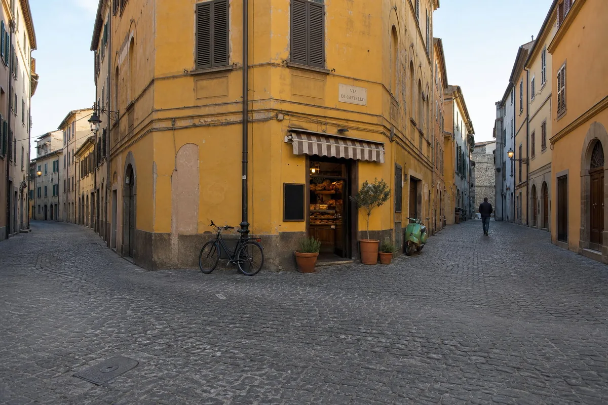 The whole bakery corner seen from across the street: the striped awning, the blackboard, the bicycle, the green scooter, and the man walking away small against the full height of the yellow building and its shuttered upper floors