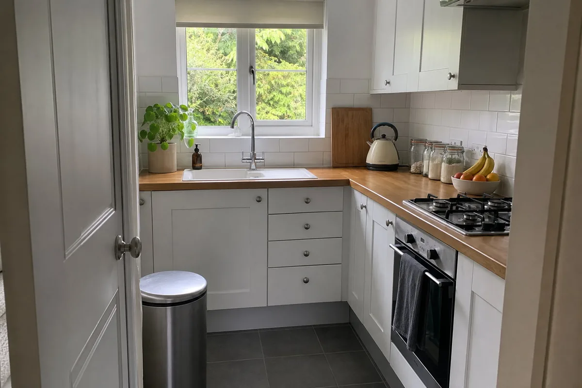 Phone photo of a small white kitchen taken from its doorway: a window over the sink, a wooden worktop with a kettle, jars and a fruit bowl, a chopping board, a hob and oven on the right, a bin by the door