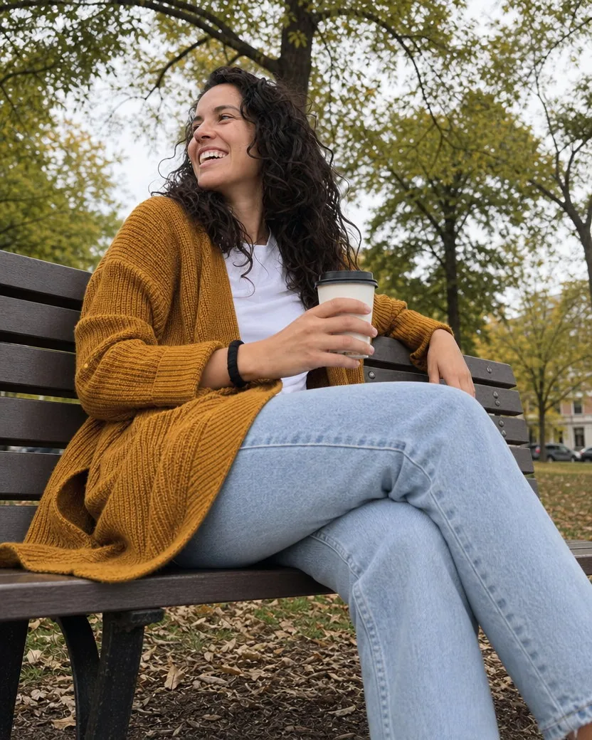 The same woman on the same bench from a low angle to her side, looking up at her: the same laugh, the mustard cardigan, the white t-shirt, the jeans, and the coffee cup, with the lamppost and the trees behind