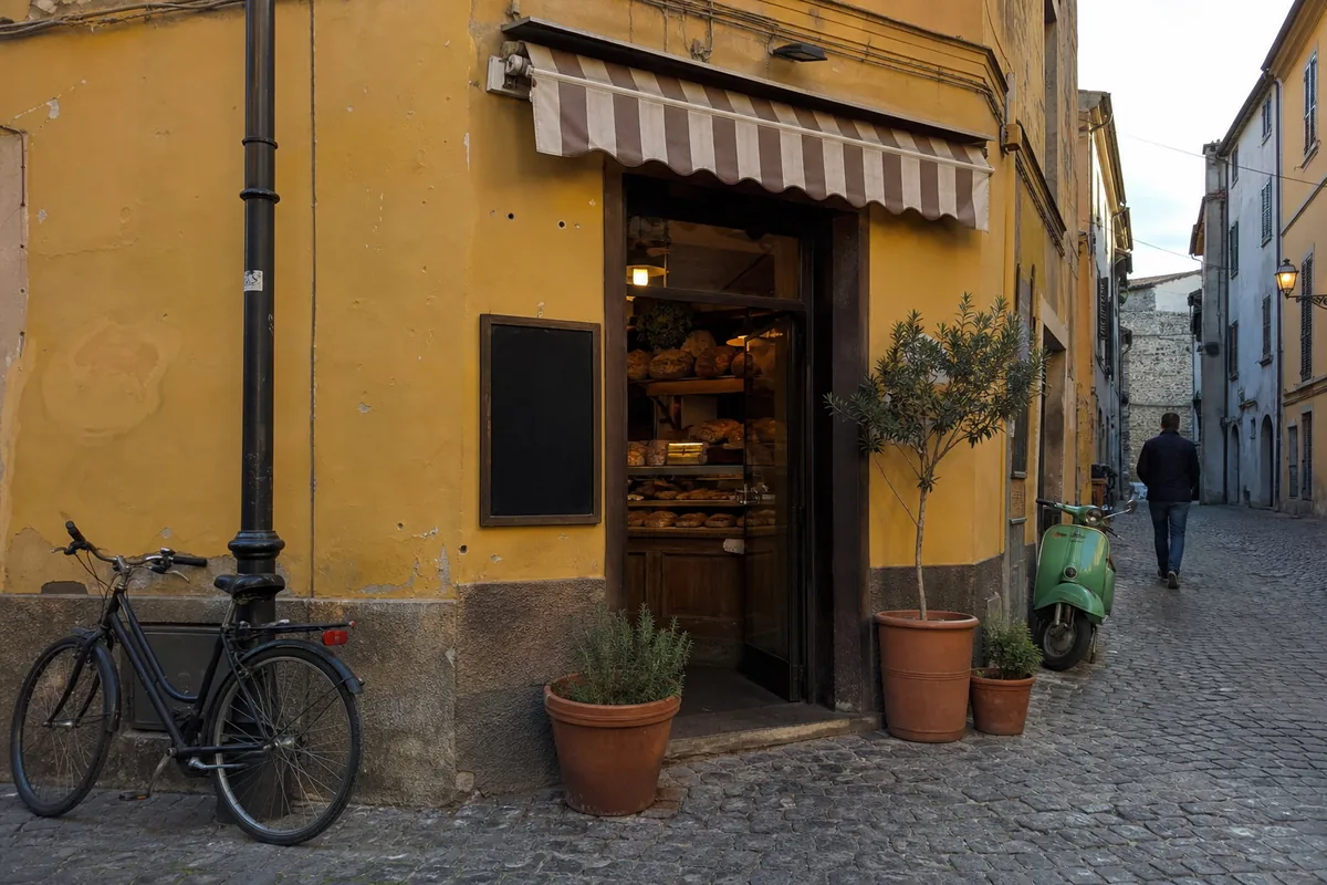 Late-afternoon phone photo of an old-town bakery on a corner: a striped awning, a blank blackboard, a bicycle leaning on a lamppost, terracotta pots, a green scooter, cobbles, and a man walking away down the street