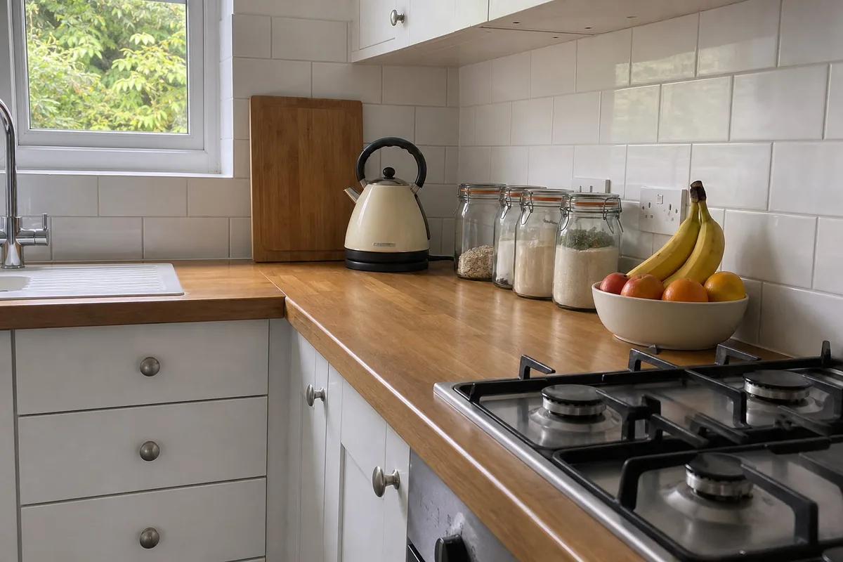 The same kitchen from worktop height, close to the kettle: the sink and the window on the left, the jars, the kettle, and the fruit bowl large in the frame, the tiled splashback behind