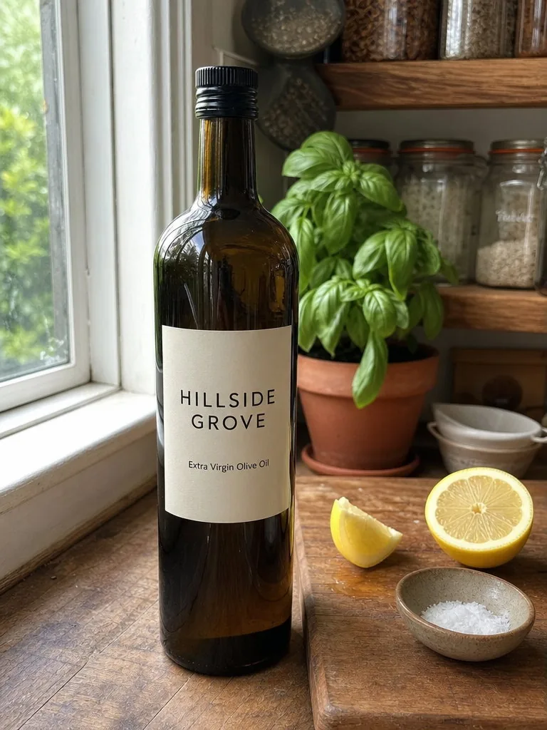 Vertical phone photo of a brown glass olive oil bottle with a cream label reading HILLSIDE GROVE and Extra Virgin Olive Oil, standing on a wooden kitchen counter beside a chopping board with a cut lemon and a small dish of salt, window light from the left