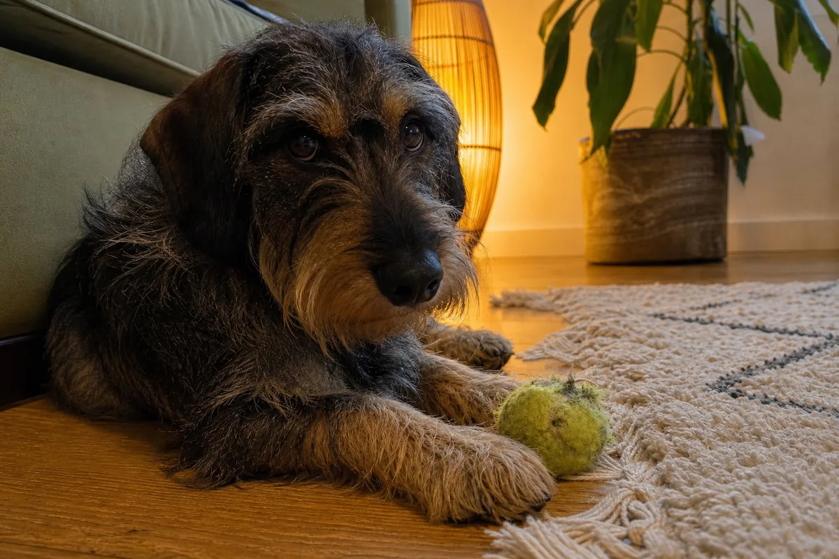 The same terrier from floor level, close and slightly to its left: the same eyes, the chewed tennis ball between its paws, the green sofa behind and the lamp and plant soft in the background