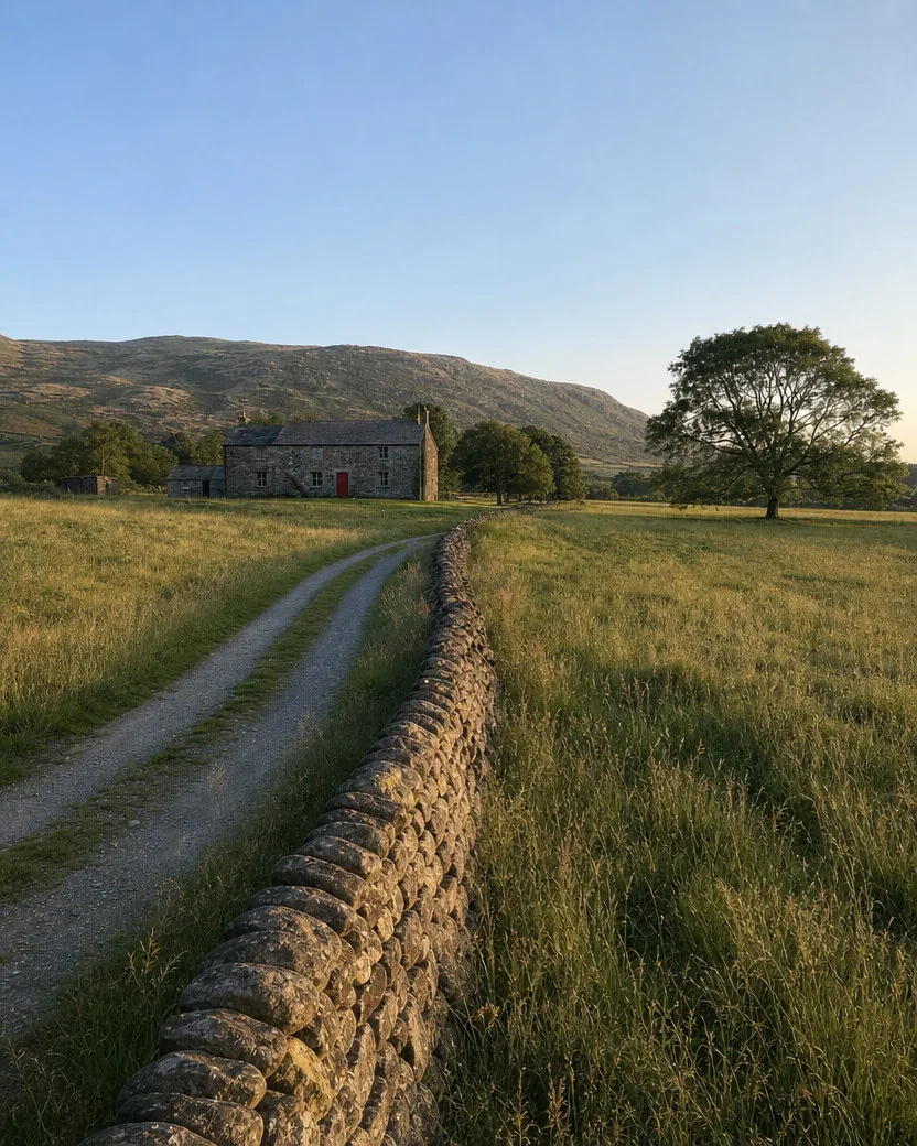 The same farmhouse from further along the track, the gate now behind the camera: a drystone wall running up the right of the path toward the house, the oak tree beside it against the hills, the meadow grass on both sides
