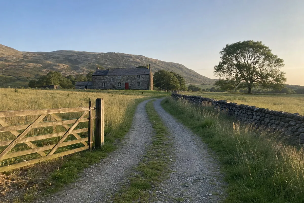 Late-afternoon phone photo of a gravel track through a meadow leading to a stone farmhouse with a red door, a wooden gate in the foreground on the left, a lone oak tree to the right, and low hills behind