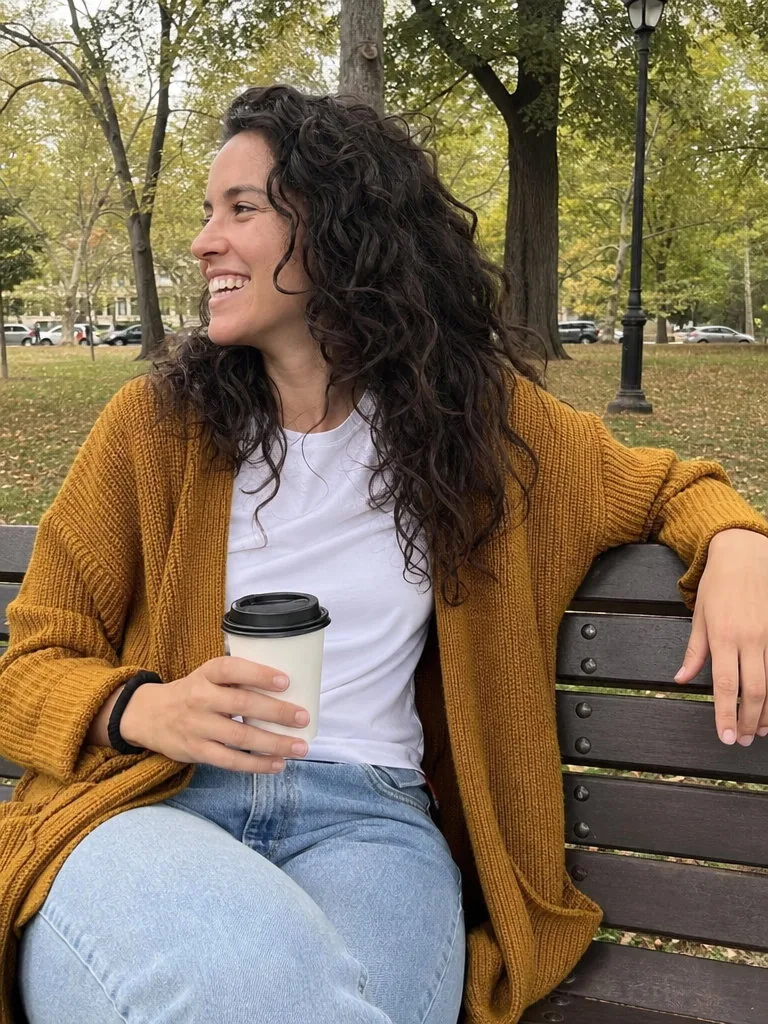 Candid vertical phone photo of a woman with curly dark hair in a mustard cardigan, white t-shirt, and jeans, sitting on a park bench with a takeaway coffee, laughing and looking off to the left, with trees and a lamppost behind