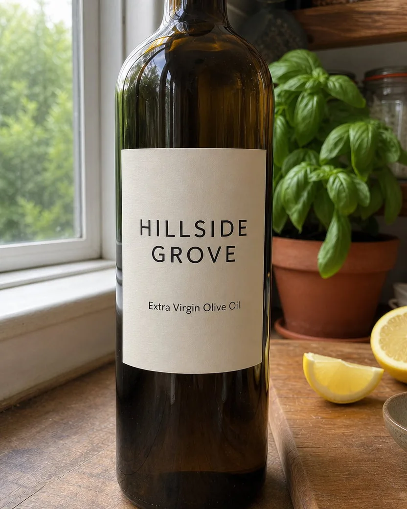 The same olive oil bottle filling the frame from a close, low camera, its label reading HILLSIDE GROVE and Extra Virgin Olive Oil exactly as before, the basil plant, the lemon and the shelf of jars softly behind