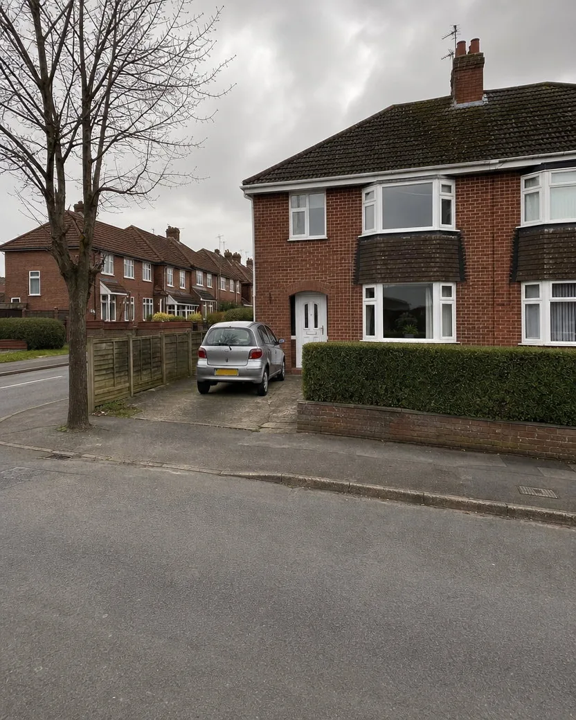 The same semi-detached house seen from further along the pavement to the right: the bare tree at the left edge, the silver car on the drive by the white front door, both bay windows at an angle, the hedge, and the neighbouring houses continuing down the road
