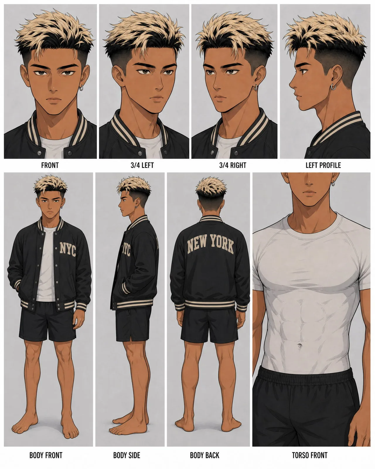 Webtoon-style AI character reference sheet of a fictional nineteen-year-old with an undercut, bleached tips, a hoop earring, and a varsity jacket