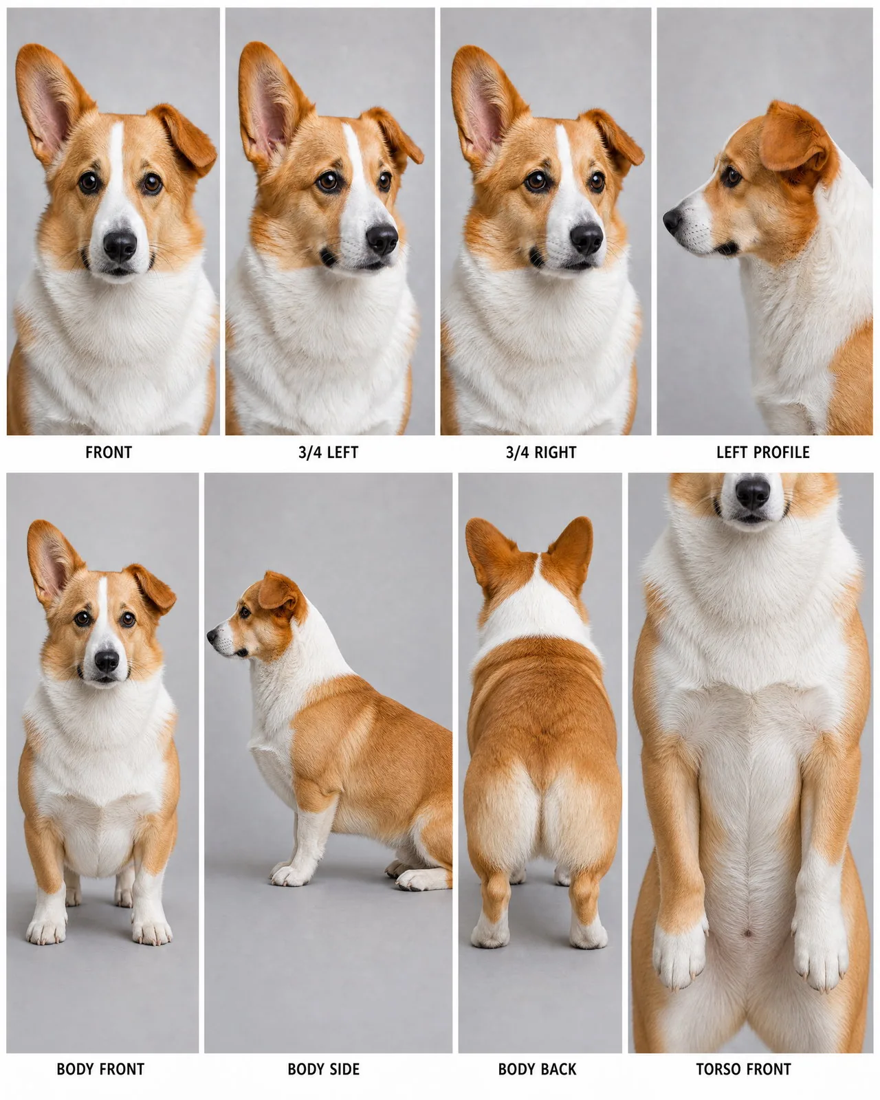 AI character reference sheet of a fictional corgi with a white blaze and one folded ear