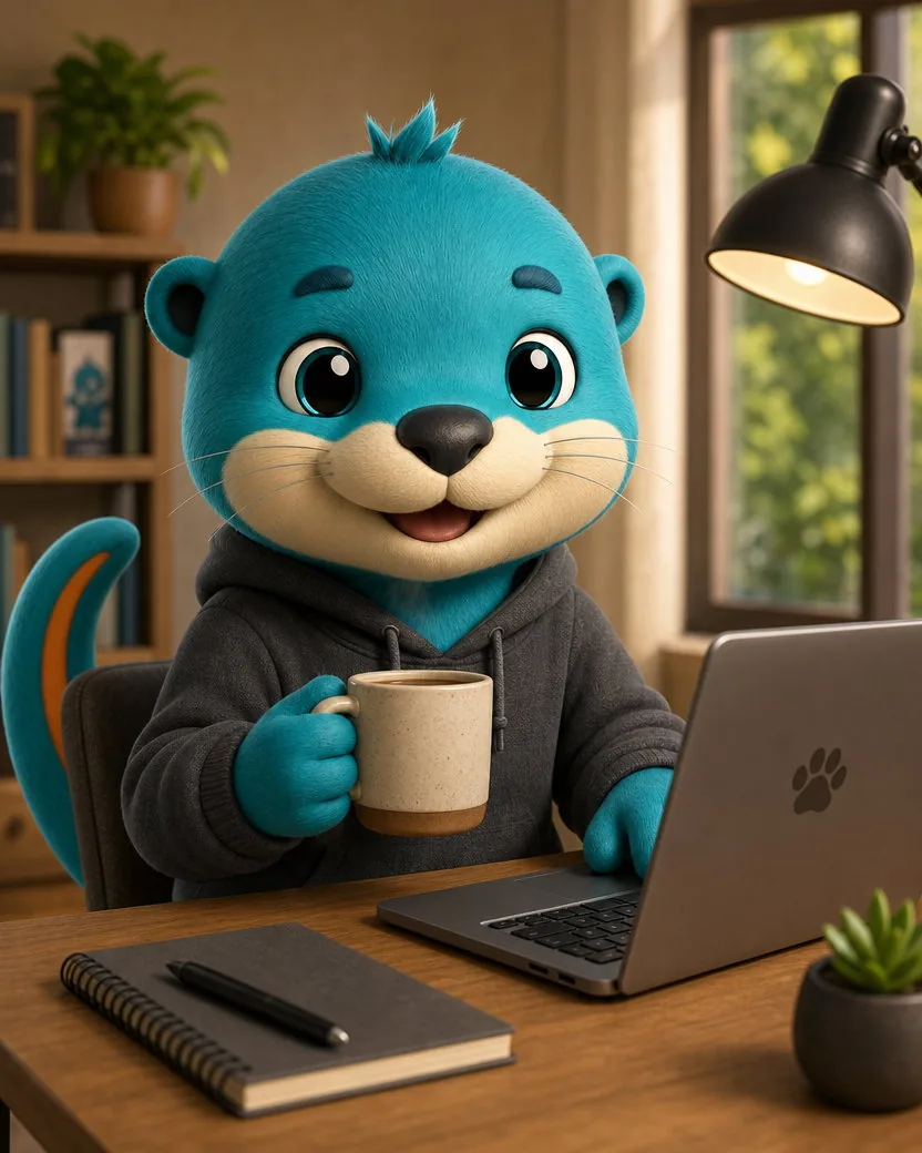The same mascot holding a coffee at a laptop