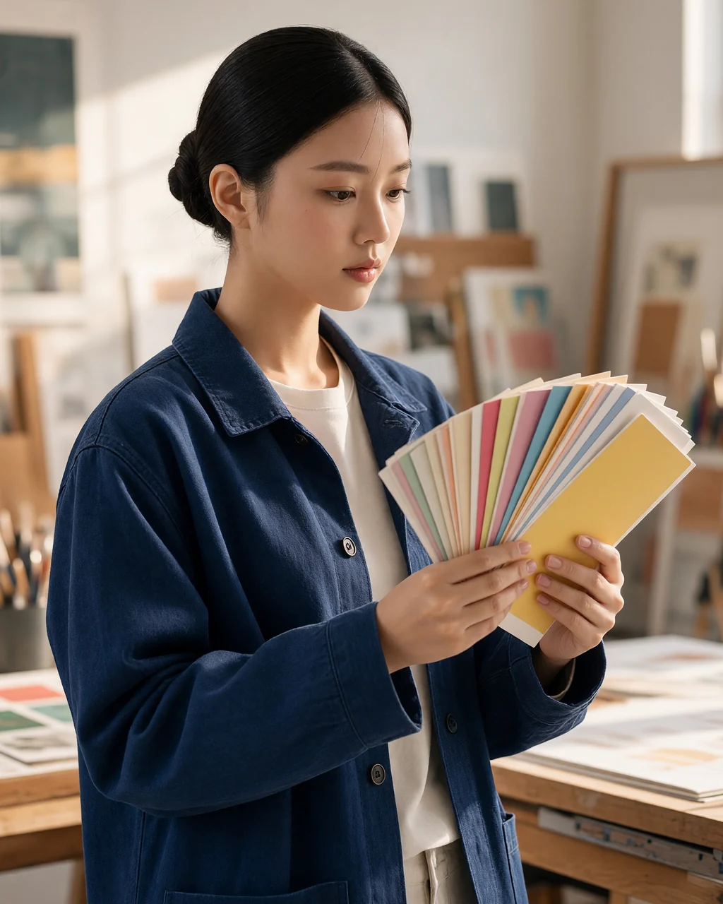 The same AI-generated fictional adult character examining color swatches in a sunlit design studio