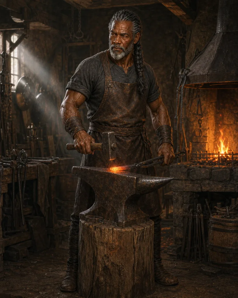 The same game character standing full-length at an anvil