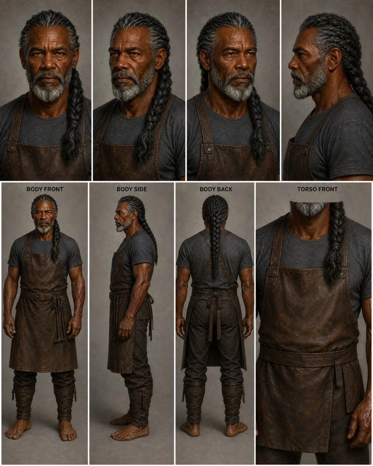 Painterly AI character reference sheet of a fictional old blacksmith with a burn scar on his left forearm, a leather apron, and an iron-grey braid