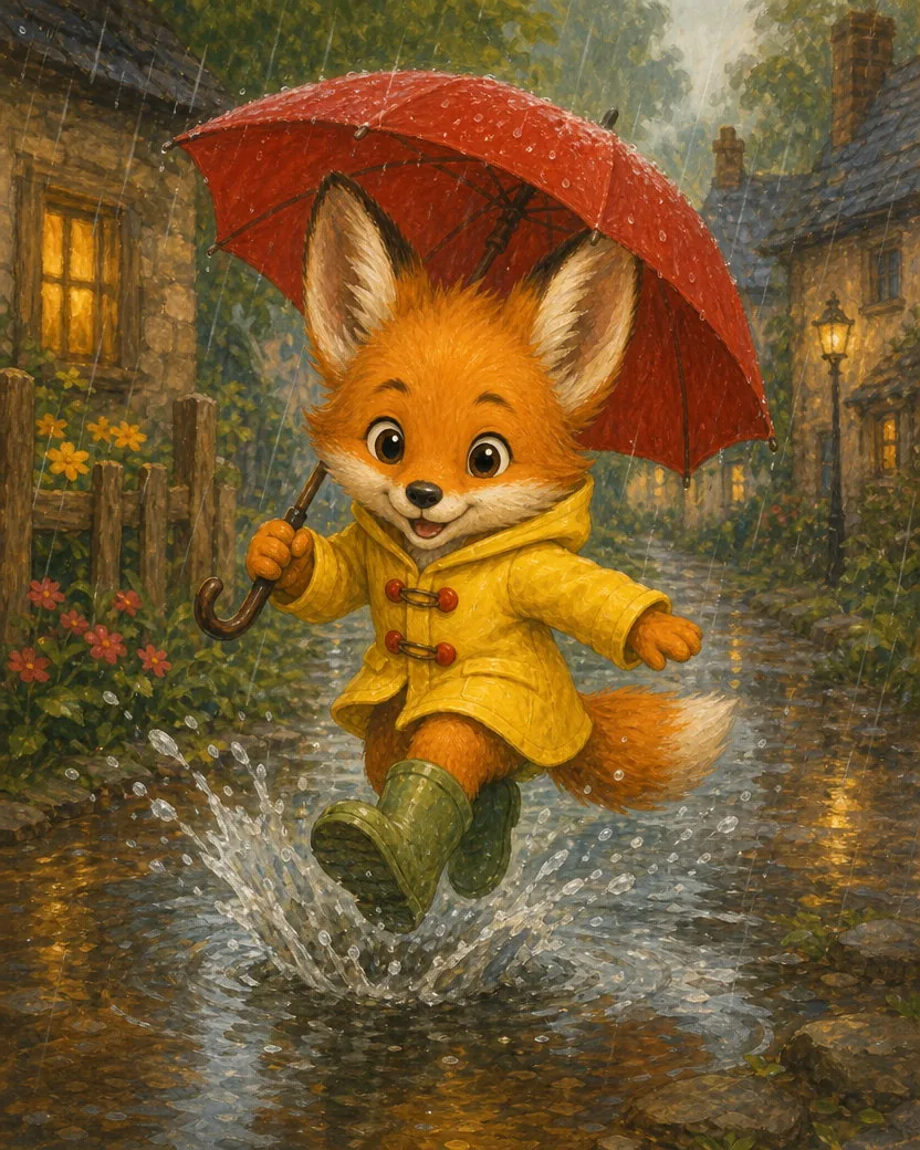 The same storybook fox kit jumping in a puddle under an umbrella