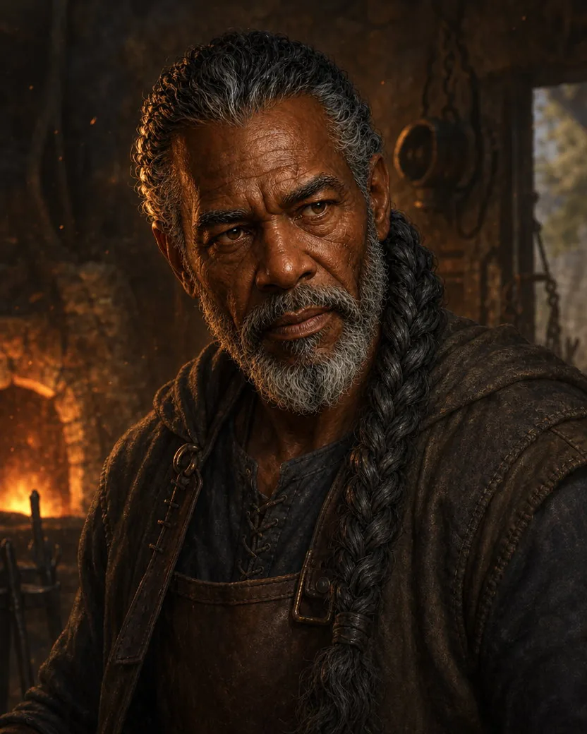 The same game character as a dialogue portrait lit by forge glow