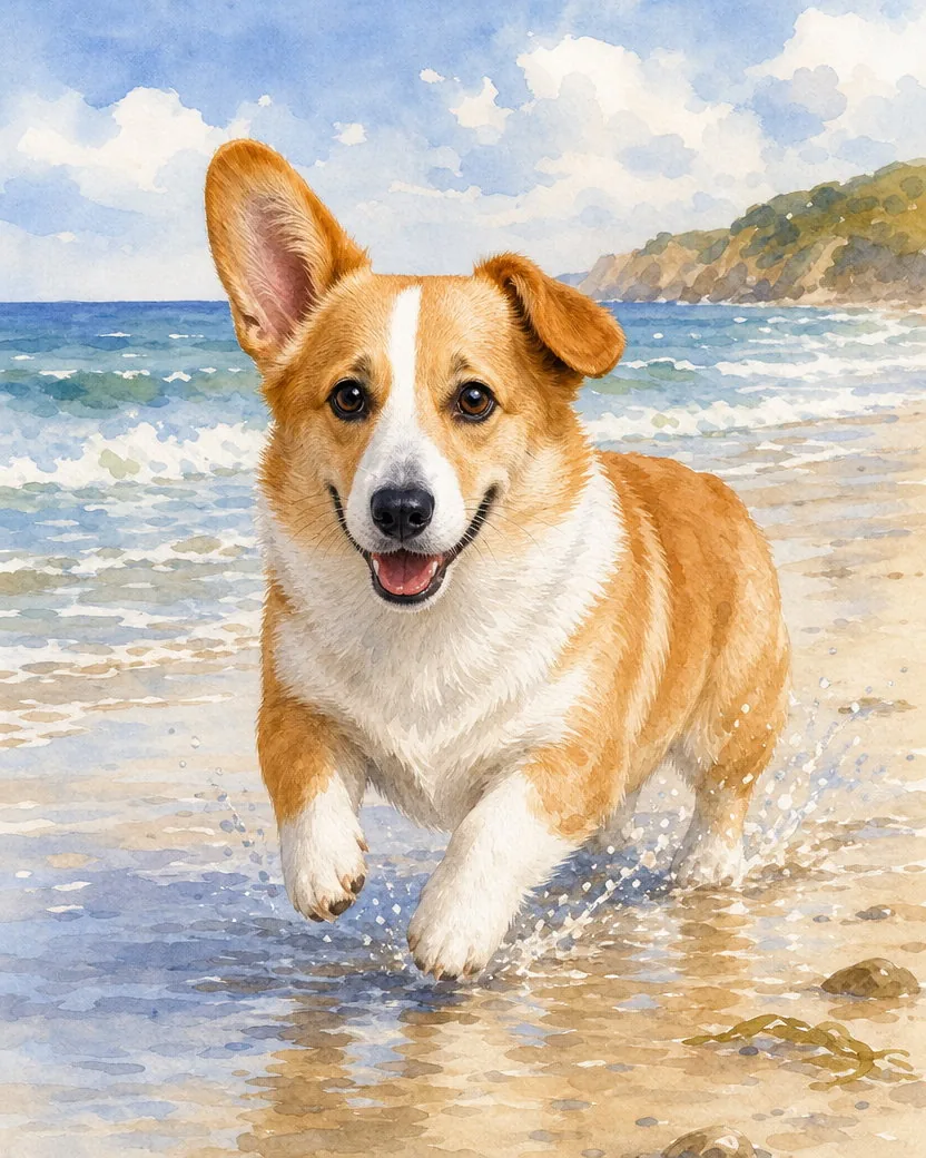 The same corgi character in a loose watercolour at the beach