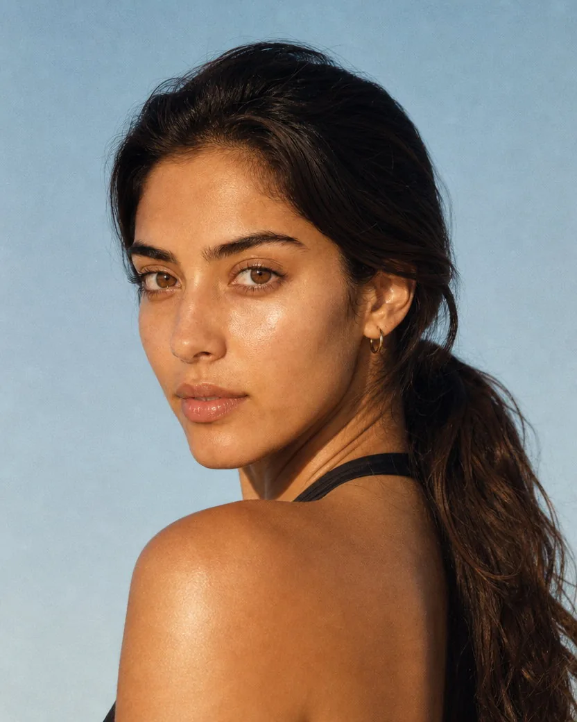 The same AI-generated character in a close-up looking back over a bare shoulder against a clear sky in warm low sun, hair in a low ponytail, skin texture clearly visible