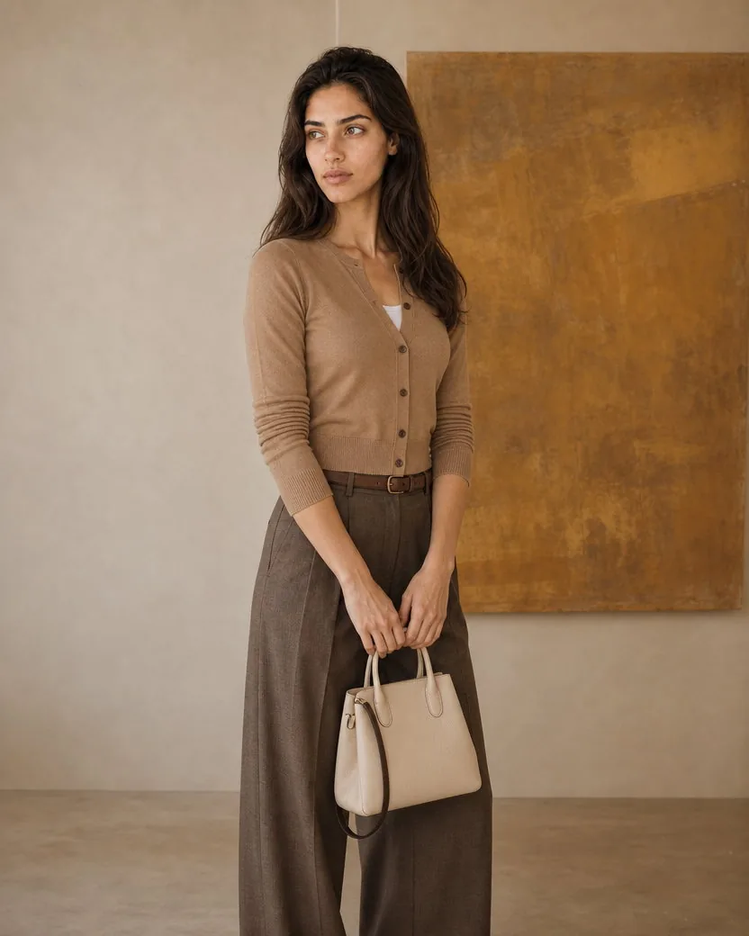 The same AI-generated character in an editorial studio shot, in a camel cardigan and brown wool trousers, holding a small cream leather handbag by its handles in front of an ochre painting