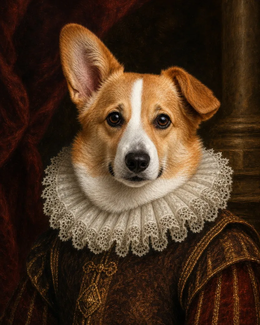 The same corgi character painted as a Renaissance portrait in a ruff