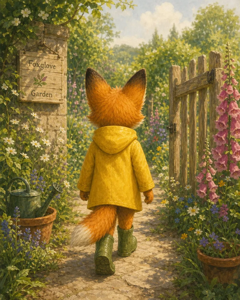 The same storybook fox kit seen from behind walking down a garden path in the yellow raincoat