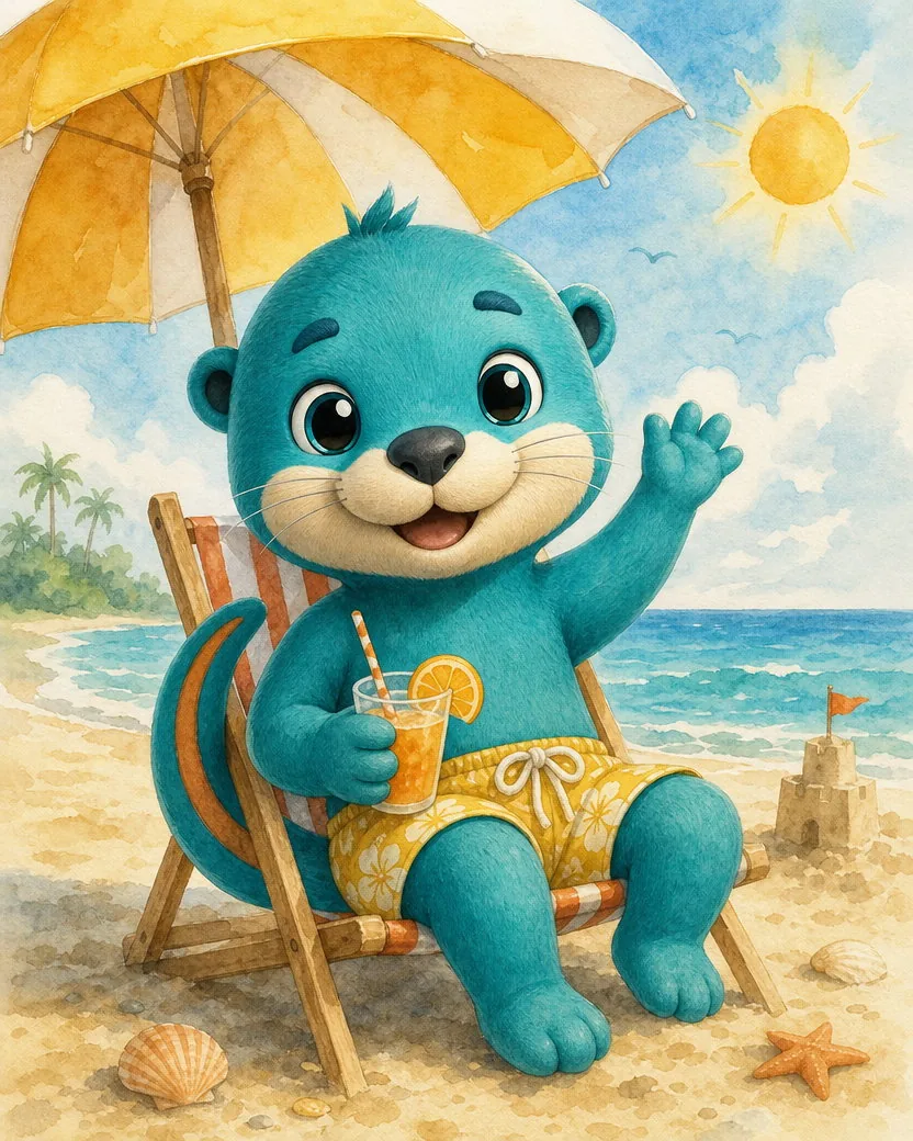 The same mascot in a loose watercolour summer-beach illustration for a seasonal campaign