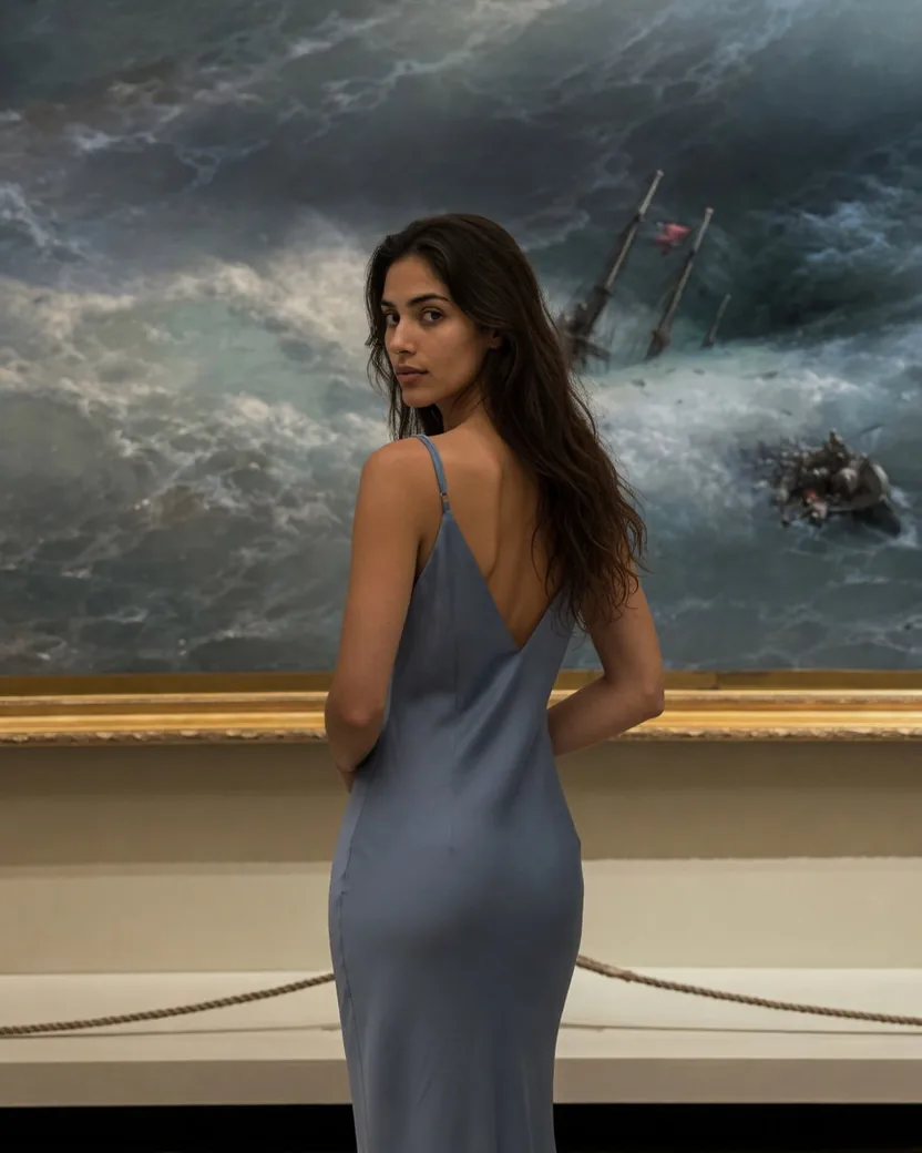 The same AI-generated character seen from behind in a museum gallery in a backless slate-blue slip dress, her long chestnut hair worn loose down her back, standing at the rope before a large seascape painting