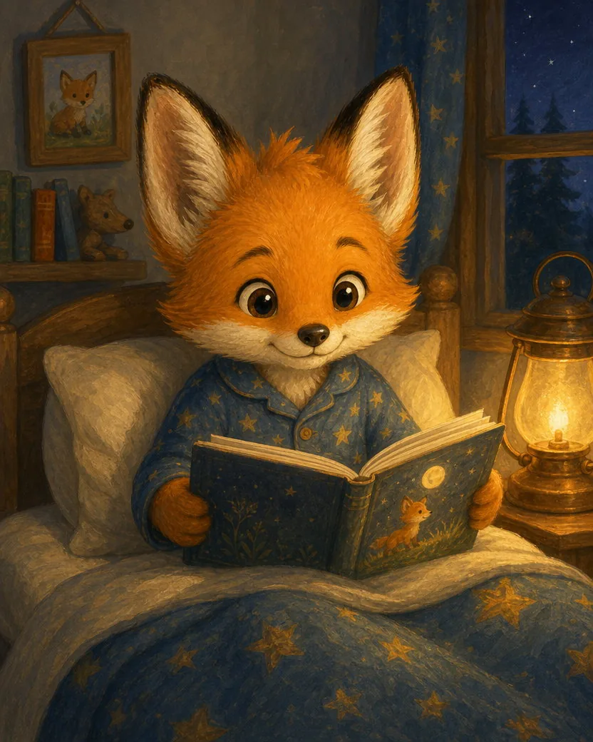 The same storybook fox kit reading in bed by lamplight