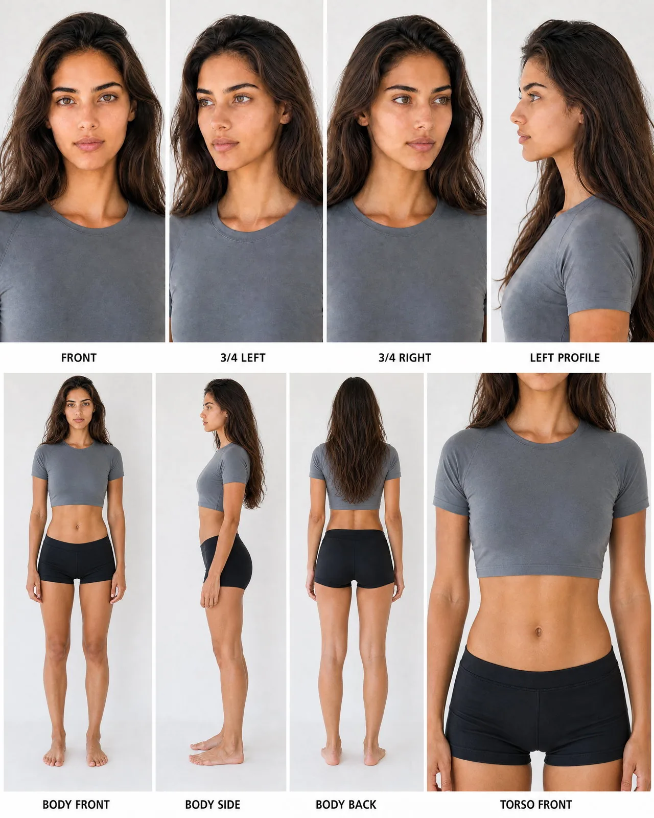 AI character reference sheet of a fictional young woman with long dark-brown waves and a plain black camisole, showing front, three-quarter and profile face views plus full-body front, side and back views