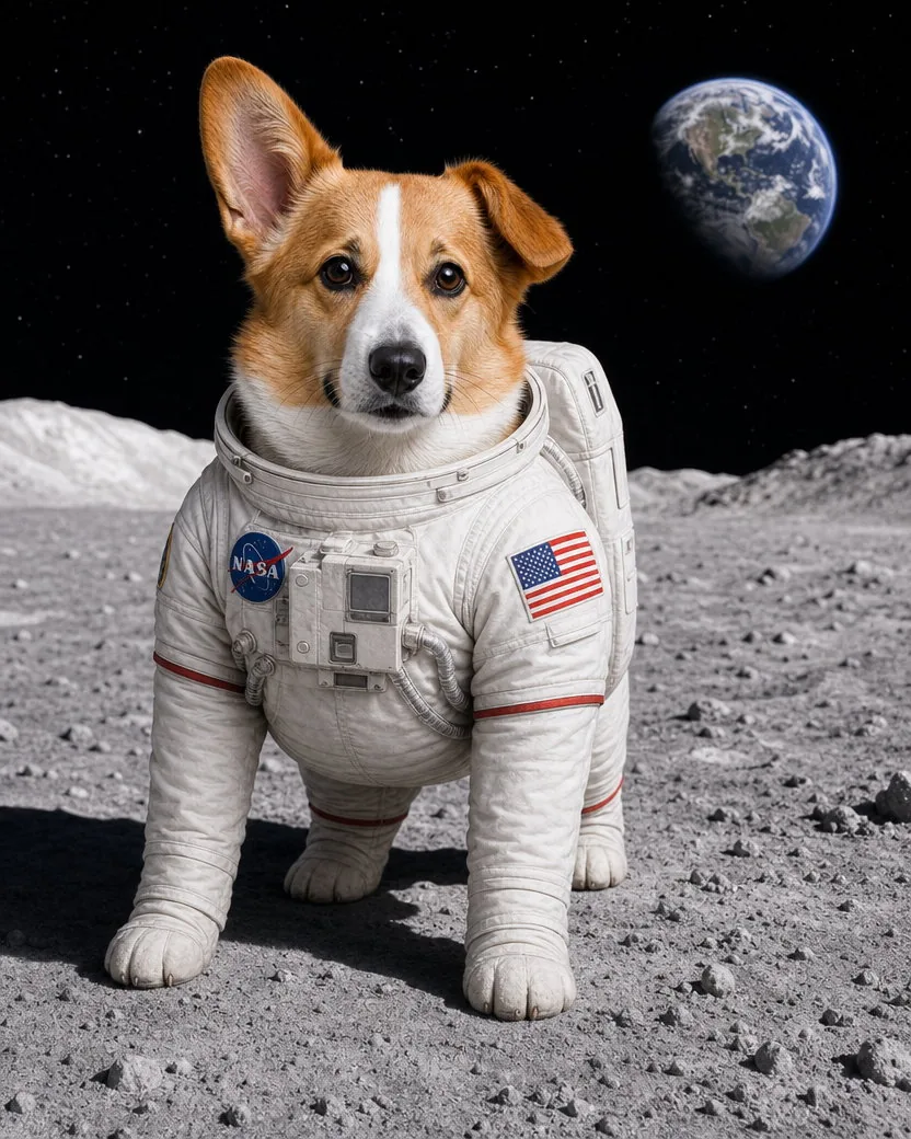 The same corgi character as an astronaut on the moon