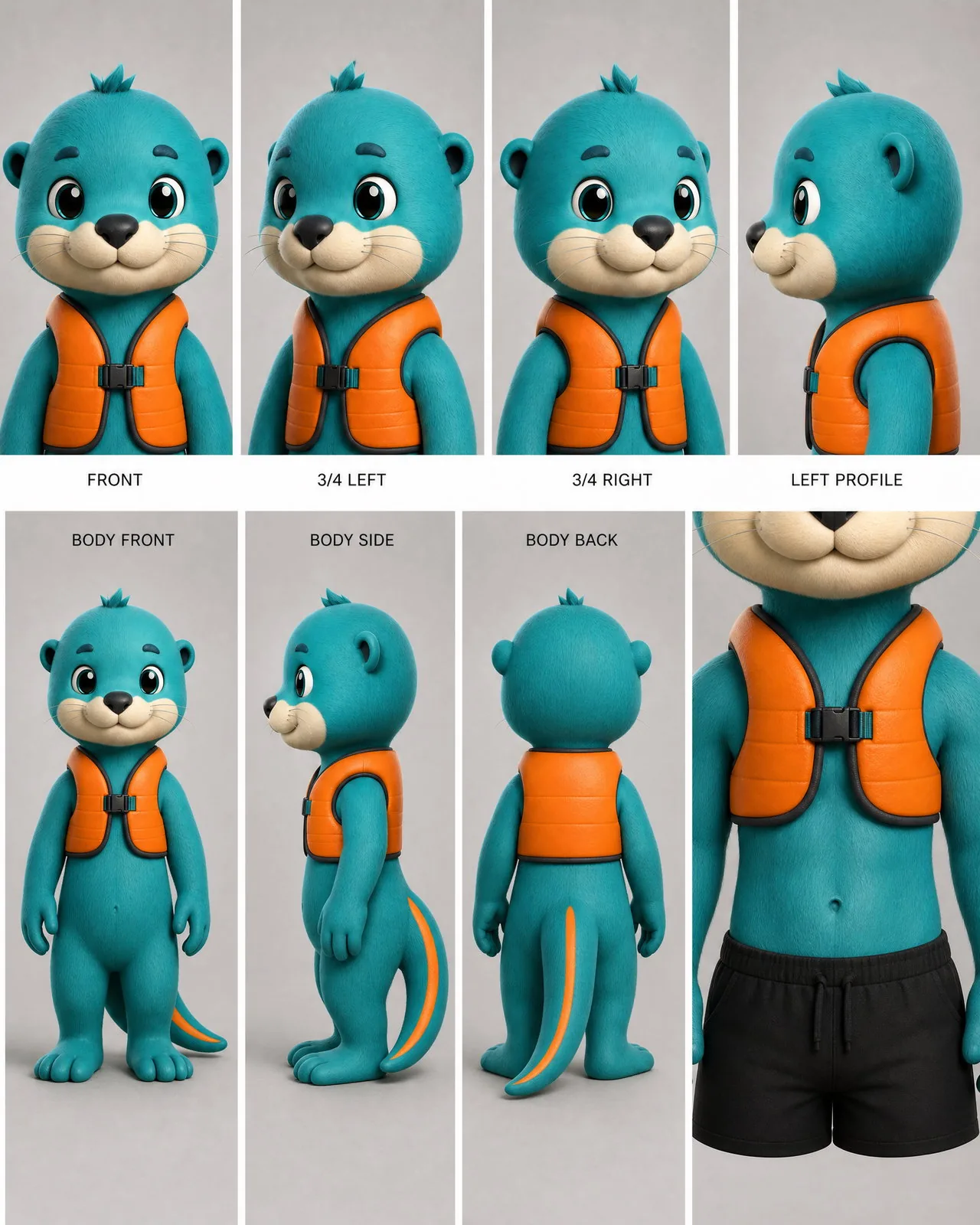 3D toy-style AI character reference sheet of a fictional teal otter mascot with an orange tail stripe and a tiny life vest