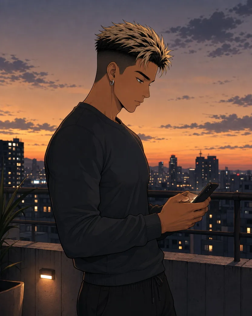 The same webtoon character in profile on a rooftop at dusk, texting