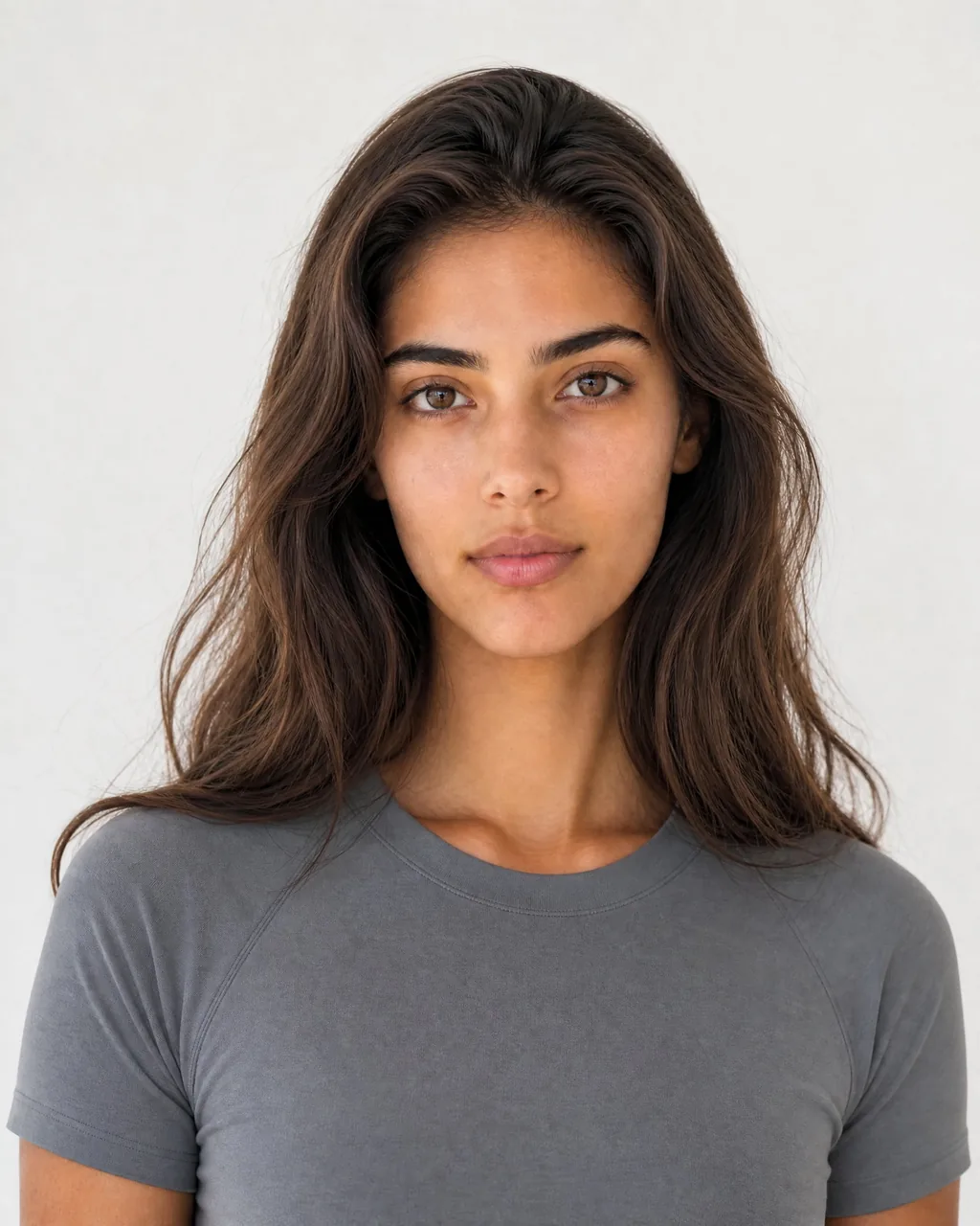 AI-generated profile headshot of the same fictional character: a young woman in her early twenties with long chestnut-brown waves, warm light-olive skin, strong straight brows and a calm, no-makeup expression
