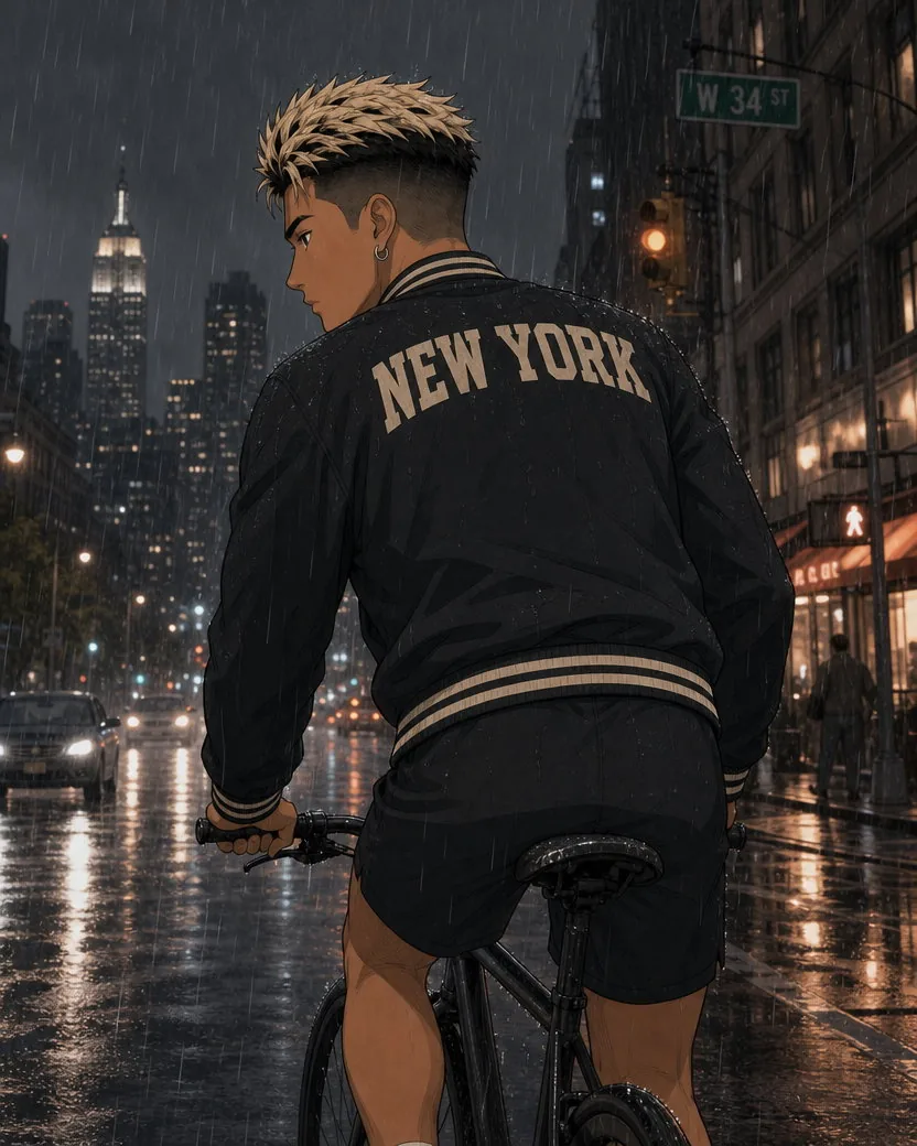 The same webtoon character riding a bicycle through rain, jacket lettering visible from behind