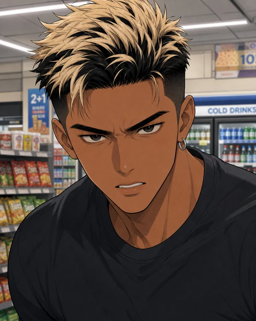 The same webtoon character in an angry close-up inside a convenience store