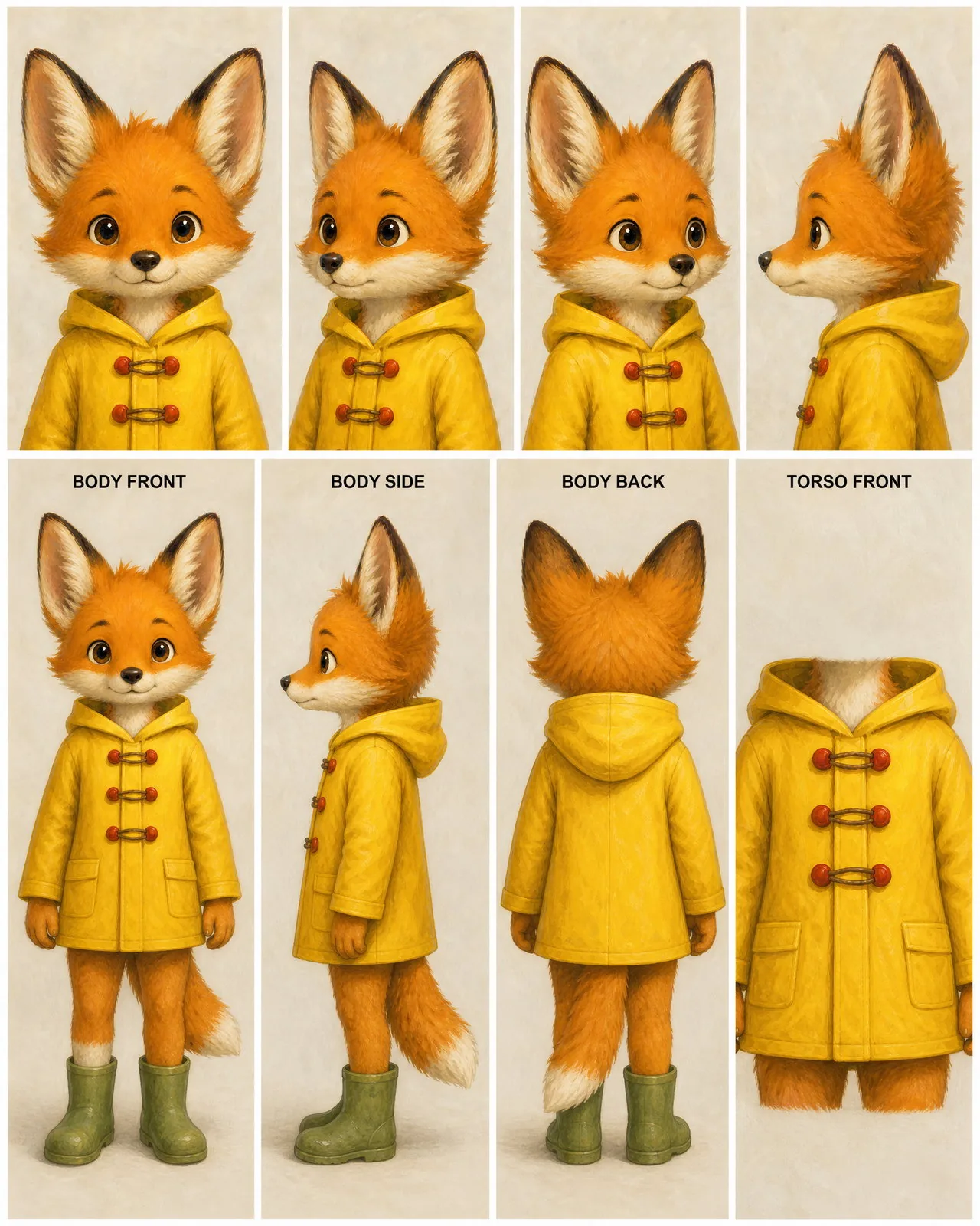 Gouache-style AI character reference sheet of a fictional fox kit with oversized ears, one white sock paw, a yellow raincoat with red toggles, and green boots