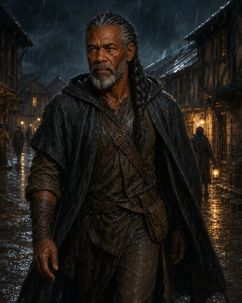 The same game character walking through a rainy village street