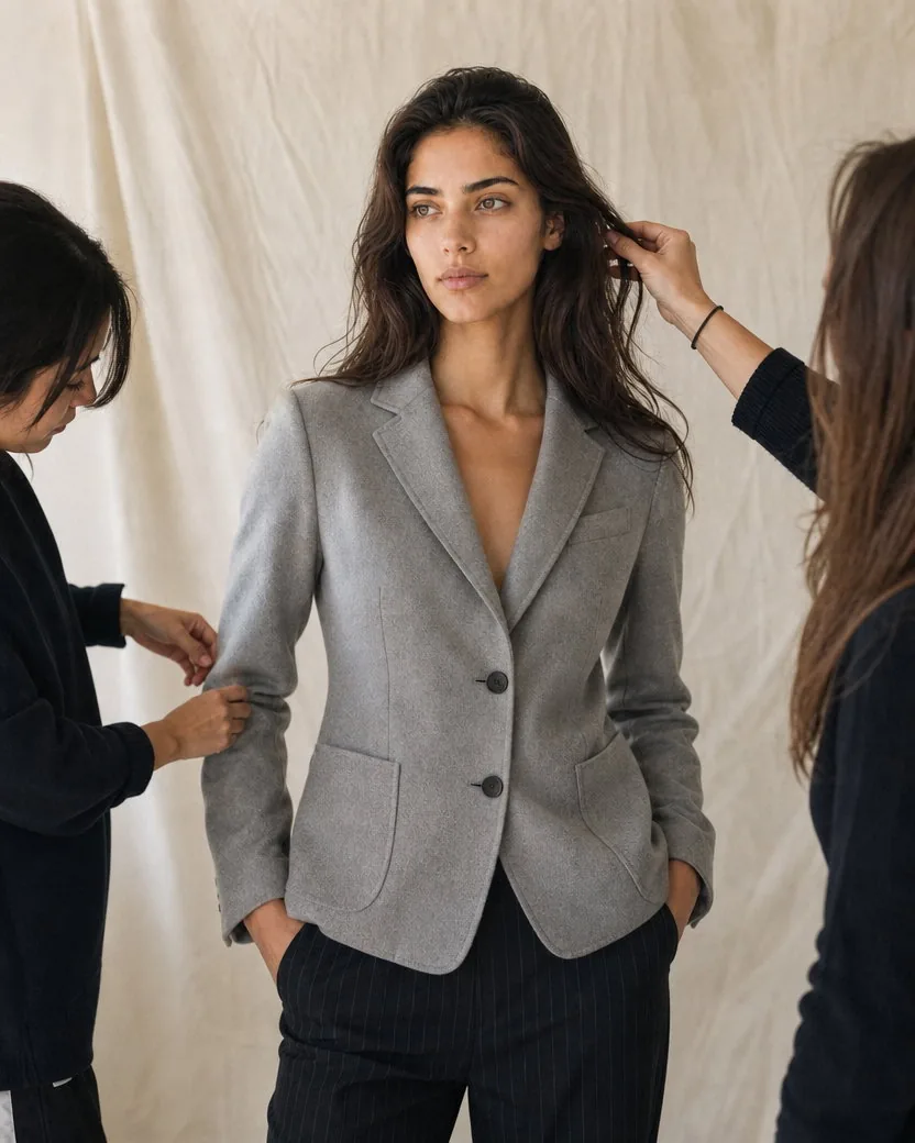 The same AI-generated character at a backstage fitting, in a grey wool blazer over pinstripe trousers, hands in her pockets, while two stylists adjust her sleeve and her hair