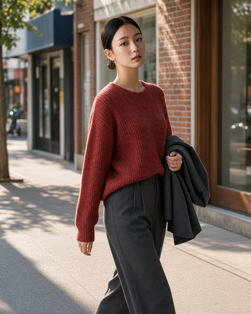 The same AI-generated fictional adult character walking along a sunlit city street