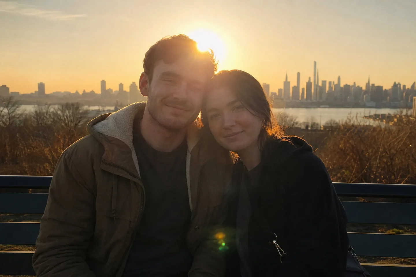 Phone photo of a couple on a park bench at sunset with the low sun flaring directly behind them, hazy warm light, and faces slightly dark against the bright sky
