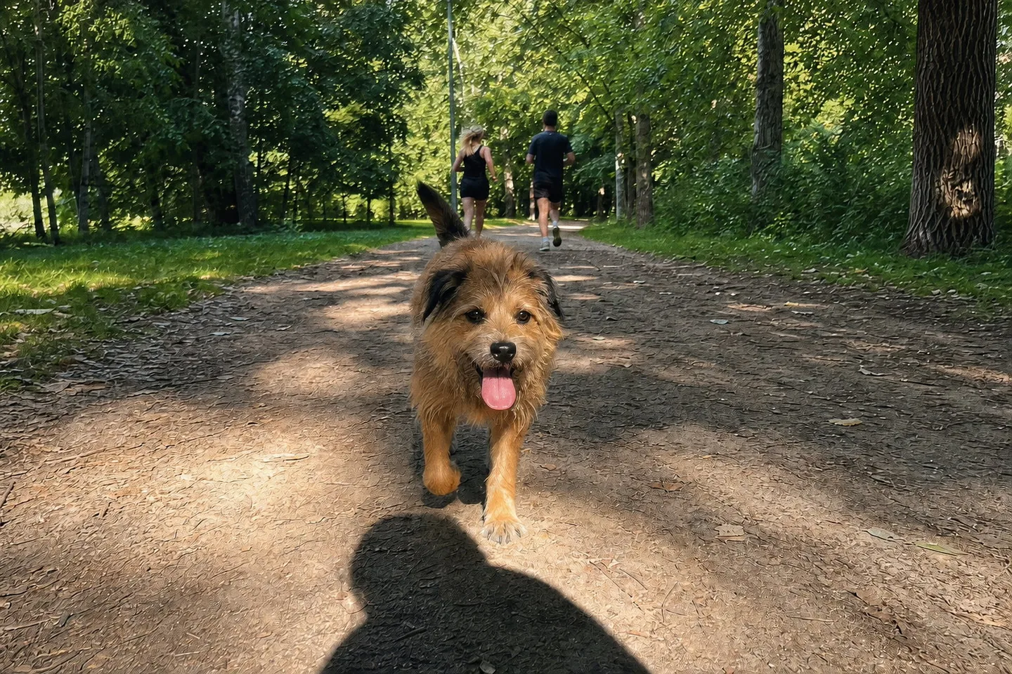 The same park photo on 35mm with warmer colour, visible grain across the path and the fur, and the greens kept natural