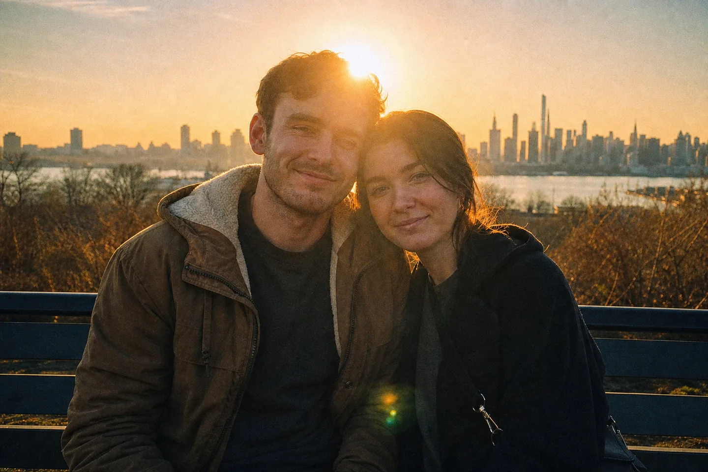 The same sunset photo on 35mm with a warm halation bloom around the hair and the skyline, the faces unchanged, and visible grain in the coats