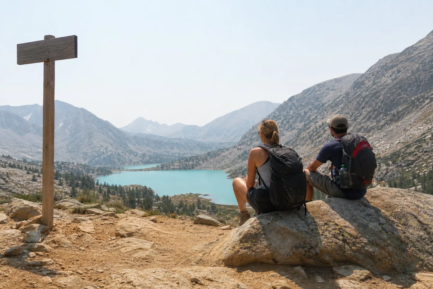 Wide phone photo of two hikers resting on a boulder above a turquoise alpine lake at midday, with a pale hazy sky, harsh sun, dusty boots, and a trail sign