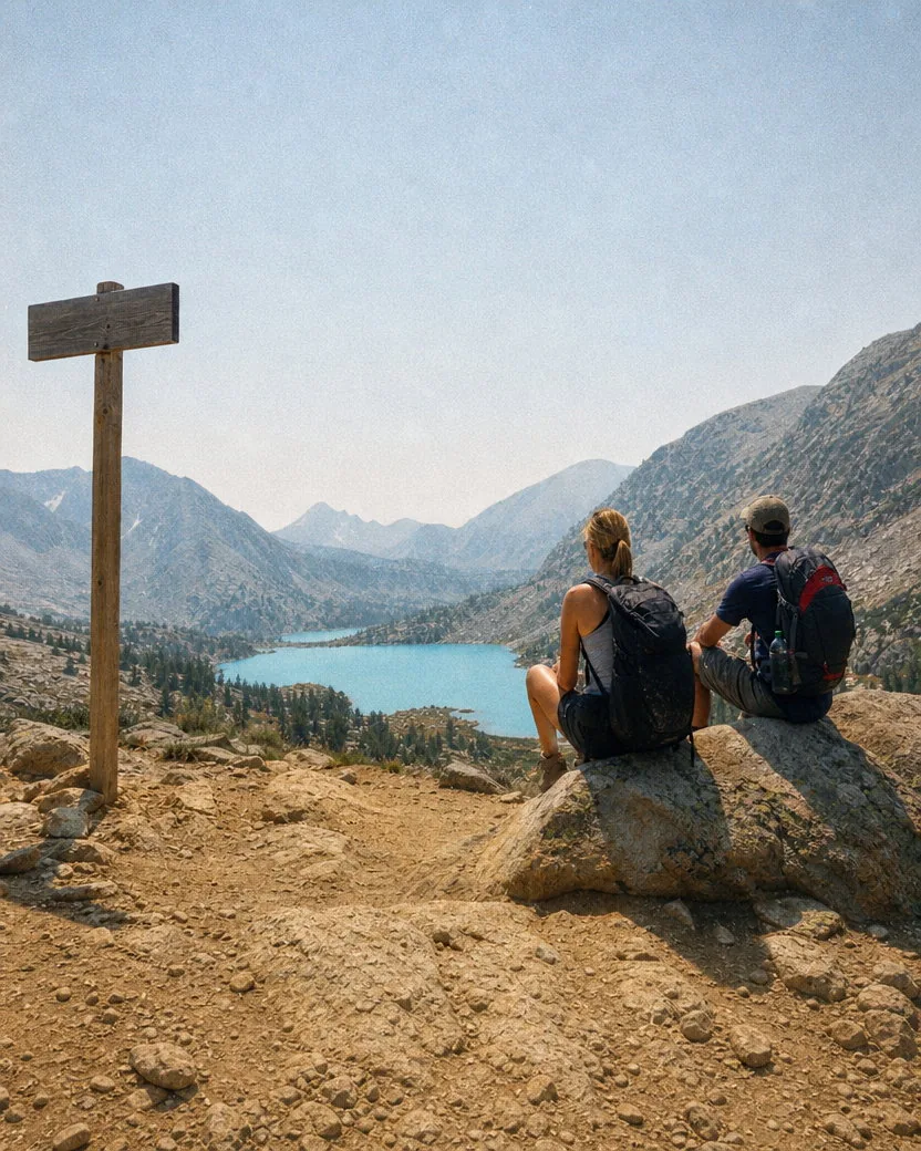 The same hike photo on 35mm: the hazy sky rolls off into soft tone, the turquoise lake stays blue, and fine grain sits across the rock and the sky