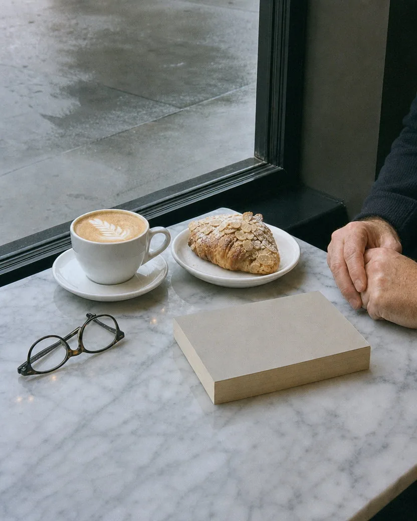 The same café photo rendered cooler with slightly green shadows and softer contrast, the marble and the croissant keeping their detail under fine grain