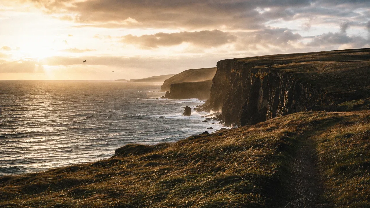Wide photo of sea cliffs at golden hour with wind-bent grass and a footpath in the foreground
