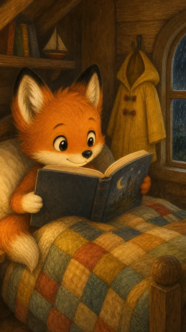 Gouache illustration of a fox kit reading in bed by lantern light while rain falls outside the window