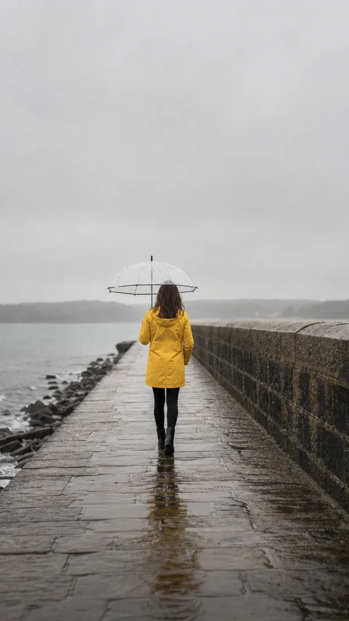 Photo of a woman in a yellow raincoat walking away along a stone pier under a clear umbrella on a grey day, used as the opening frame