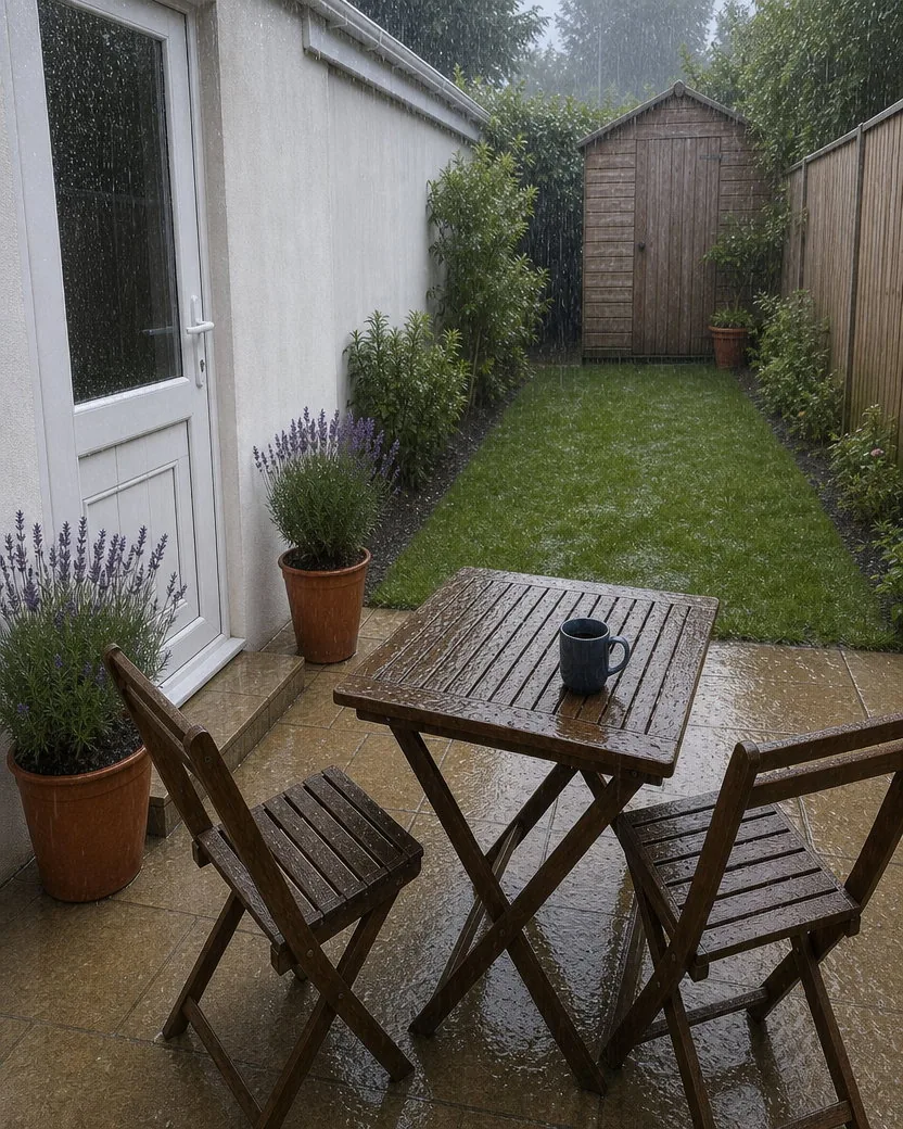 The same patio in the rain: wet paving and table, an overcast sky, rain streaks over the fence and the shed, the chairs, the lavender pots and the mug exactly where they were