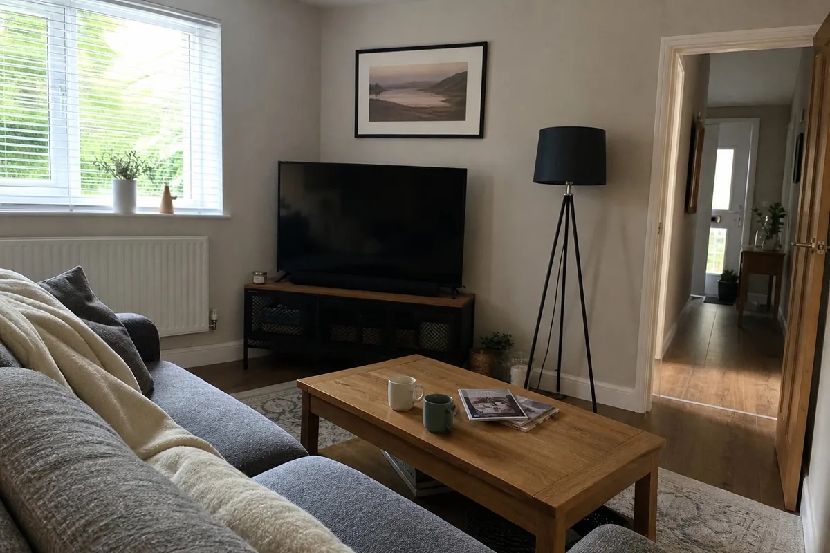 Unedited phone photo of a lived-in living room taken from beside the sofa: a grey sofa with a cream throw, an oak coffee table with two mugs and magazines, a window with white blinds on the left, a doorway into a hallway on the right, and a TV under a framed print
